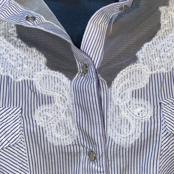 GUESS STRIPED SNAP-DOWN SHIRT MESH/LACE APPLIQUÉ SZ XS - Picture 5 of 16